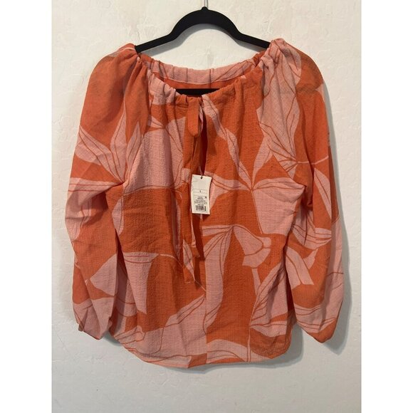 NWT A New Day Sz L Orange Floral Print Balloon Sleeves Lined Tie Back Blouse - Picture 5 of 9